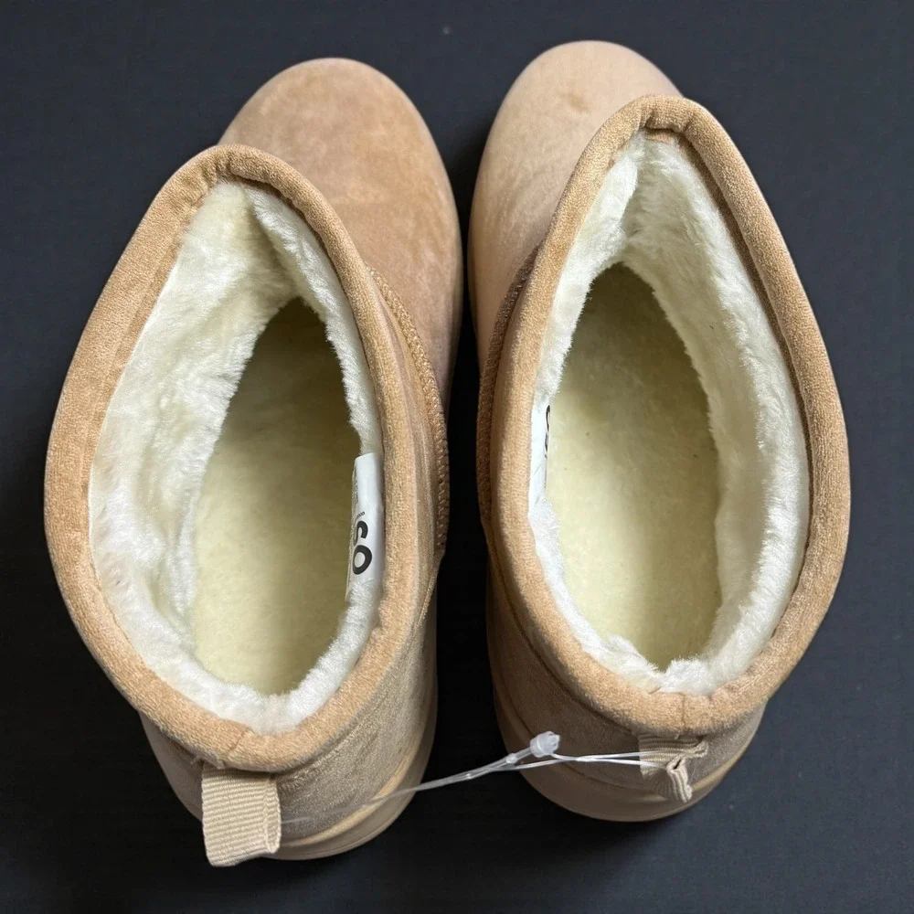 SO Goods for Life Womens Mini Ankle Boots Tan Faux Suede Faux Fur Lined Size 10
